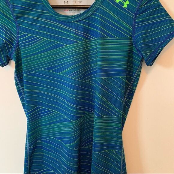 Under Armour Blue Yellow Stripes Fitted Heatgear Round Neck T-shirt - Picture 8 of 8